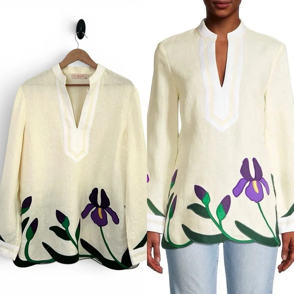 Tory Burch Women 16 Cream Ivory Multicolor 100% Linen Embroidered Tunic Top NWT